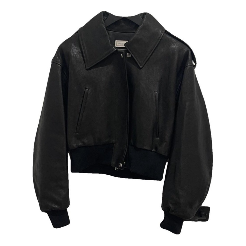 Alexander McQueen Black Leather Cropped Bomber Jacket